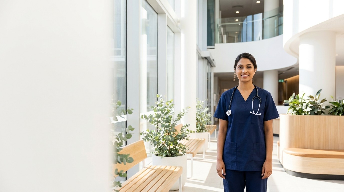 A healthcare worker stands confidently in a modern hospital lobby, supporting australian nursing registration.