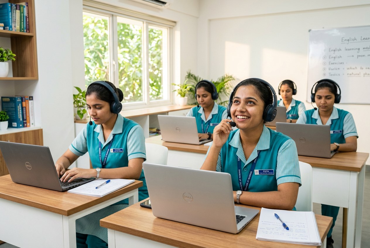 Final-year nursing students in India practice healthcare English with laptops, preparing for Australian registration.