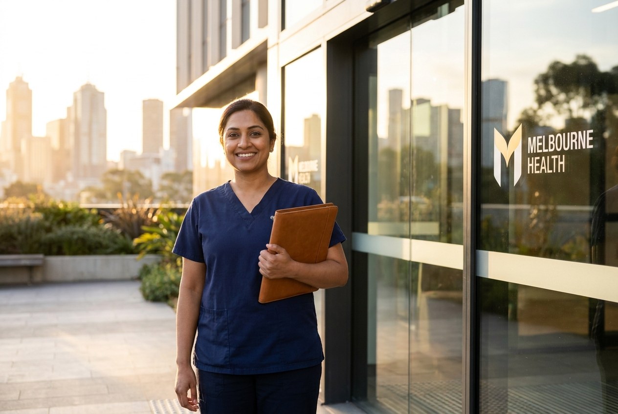 A healthcare worker smiles with a tablet outside Melbourne Health, demonstrating support for australian nursing registration.