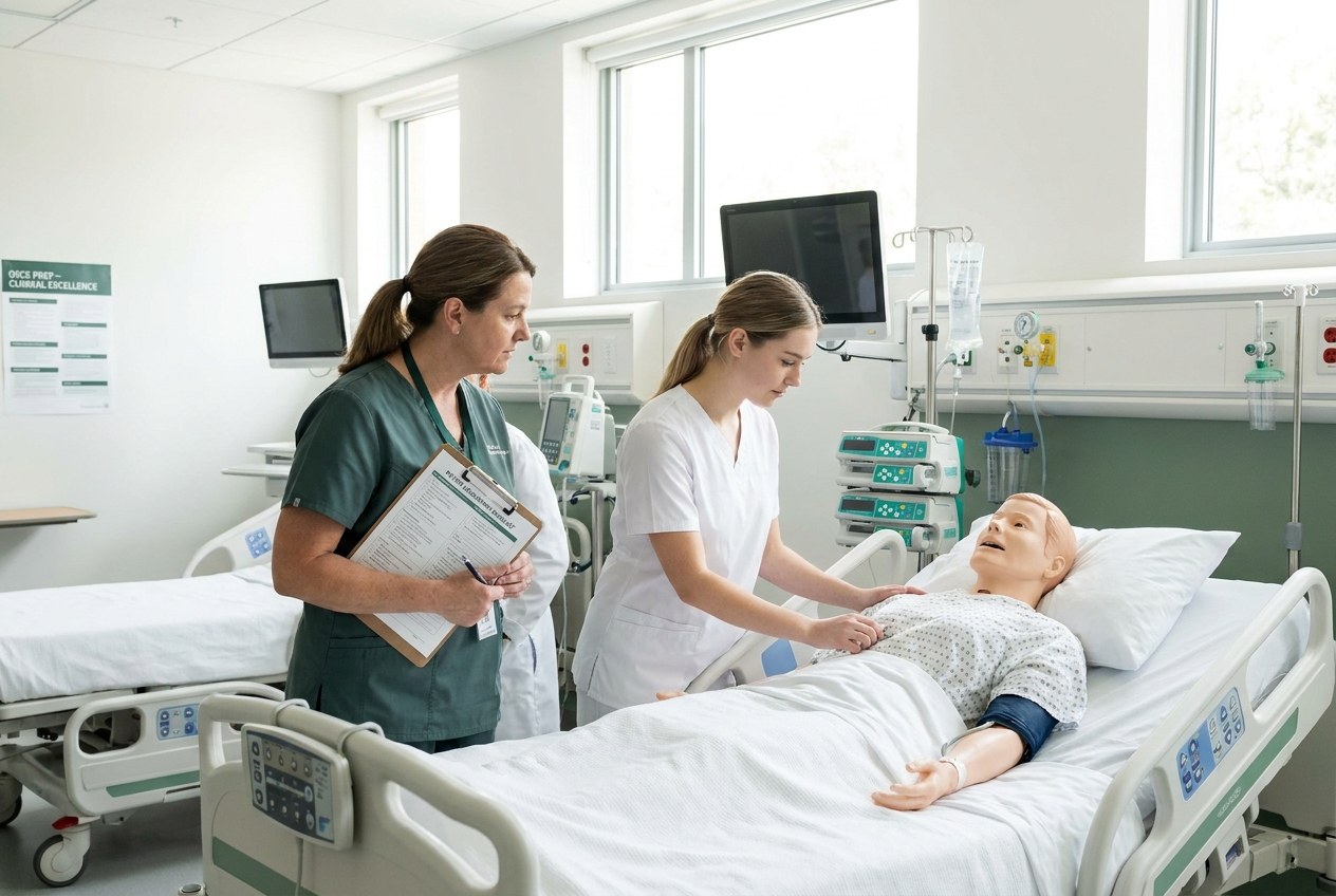 Nursing students practice patient care skills during an OSCE simulation as part of their oet preparation.